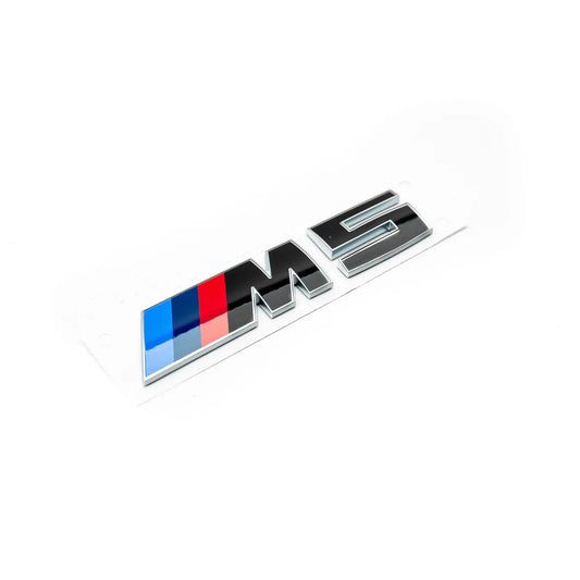 Gloss black rear model badge for BMW F90 M5 LCI with silver edging