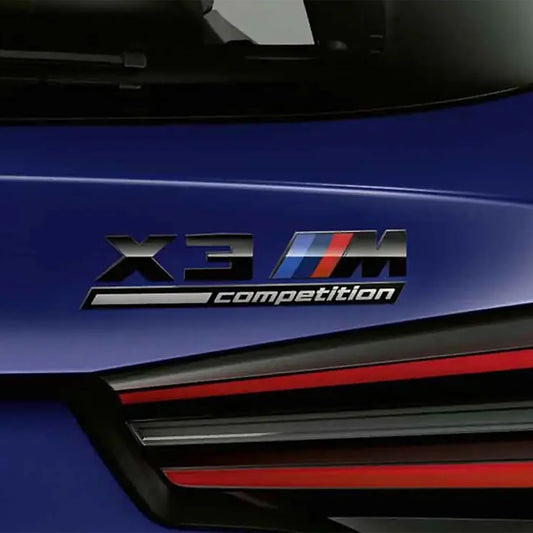 Gloss black rear badge with 'X3 M competition' text and M Performance logo for BMW F97 X3M Competition.