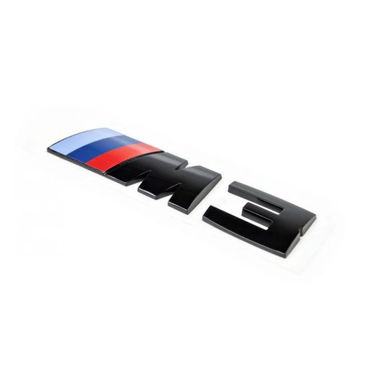 Gloss black BMW M3 replacement badge with blue, red, and white colour accents