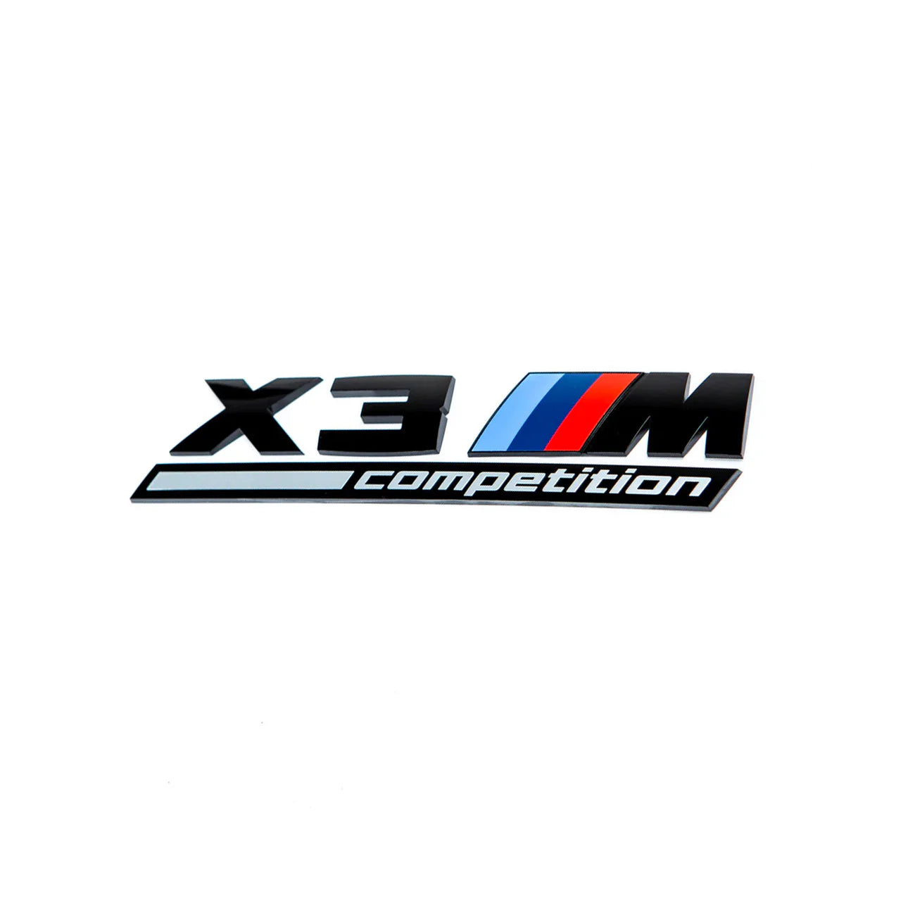 Gloss black rear badge with 'X3 M competition' text and M Performance logo for BMW F97 X3M Competition.
