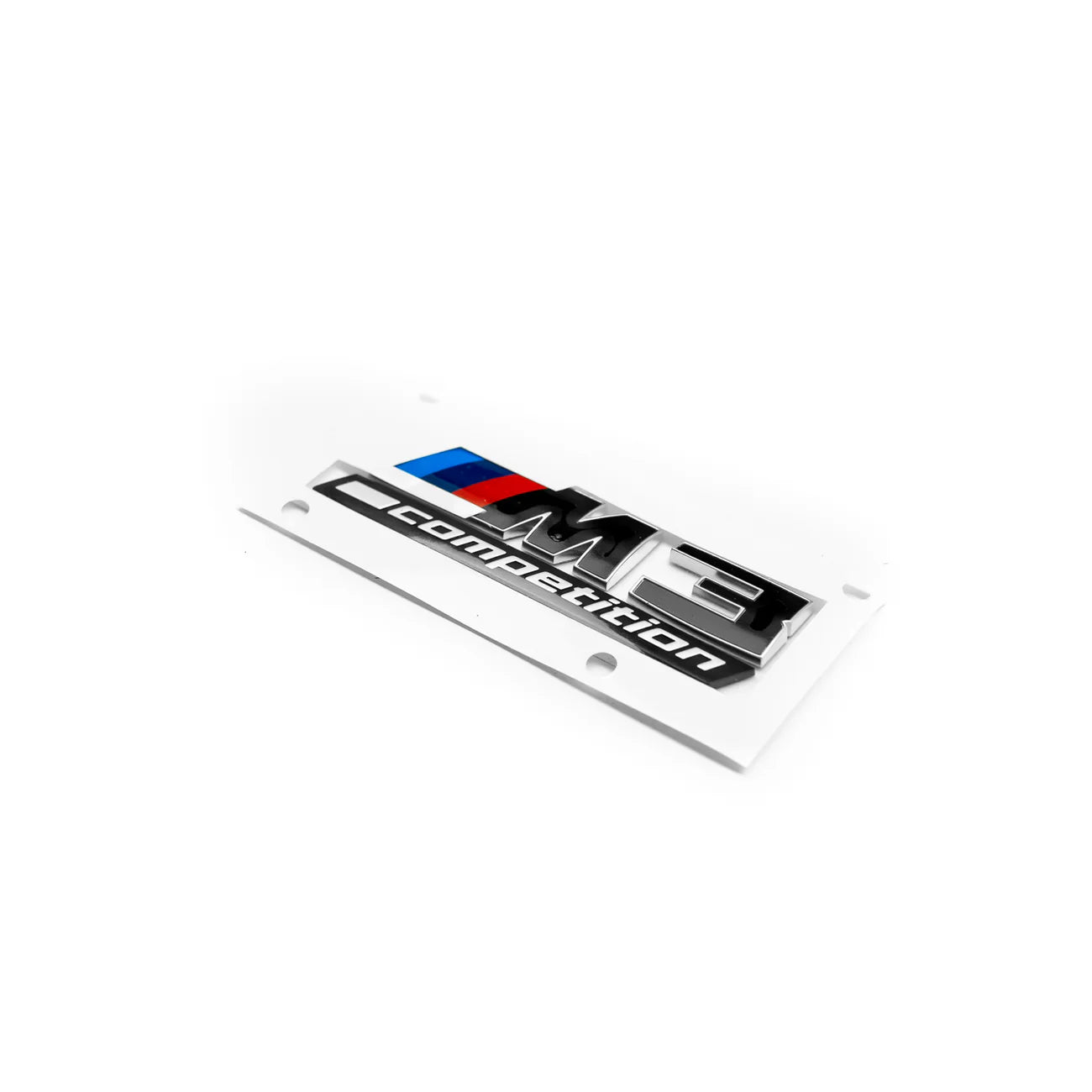 Gloss black BMW M3 Competition rear badge with silver edging.