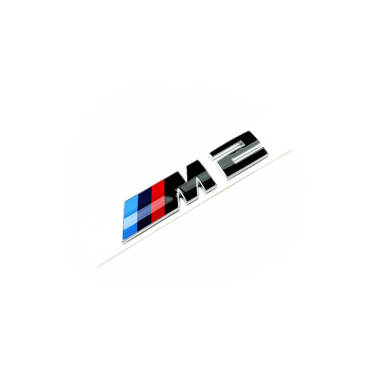 Genuine BMW Gloss black BMW M2 rear badge with silver outline and blue, red, and white colour stripes.