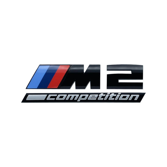 Genuine BMW, Gloss black BMW M2 Competition replacement badge for rear of vehicle.