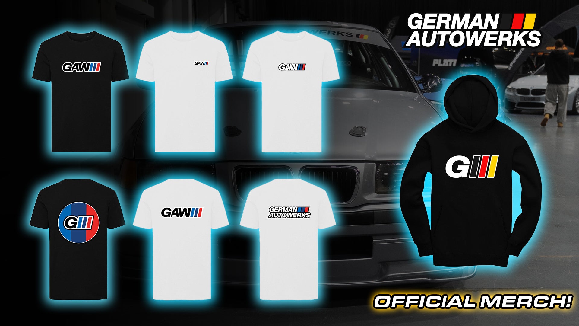 Collection of t-shirts and a hoodie with German Autowerks logo in front of a car.